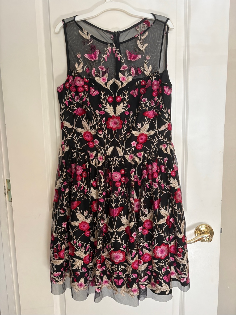 Shoshanna Black Mini Dress with Pink and Cream Floral Embroidery
